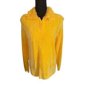 Lisa International Yellow Chenille Zip Up Sweater Cardigan M Luxury Artsy City